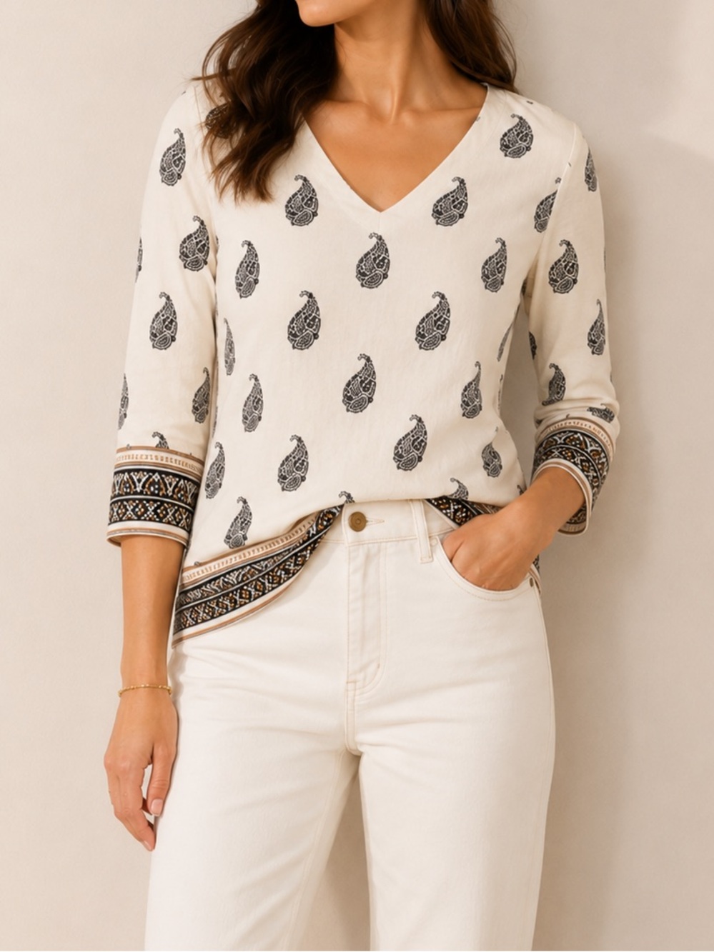 Charter Club Paisley Blouse Ivory Black 3/4 Sleeve Stretch Top Medium Petite MP